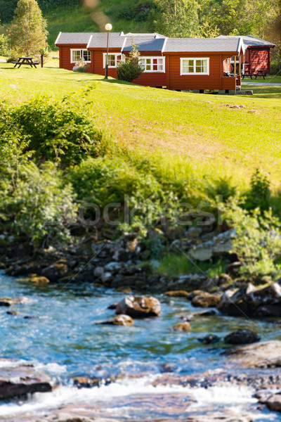 Norway country houses. Lake and meadows. Stock photo © kyolshin
