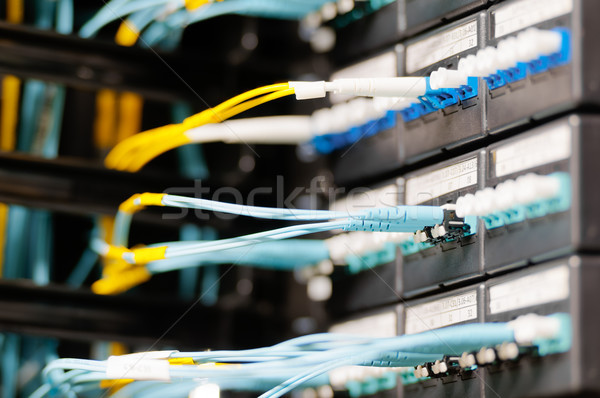 Optic cables connected to panel in server room. Stock photo © kyolshin