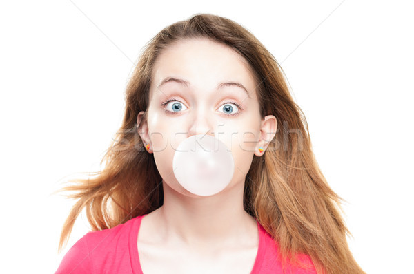 Mädchen Blase gum schönen Stock foto © kyolshin