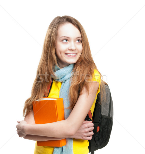 Stockfoto: Student · meisje · boek · rugzak · mooie · gelukkig
