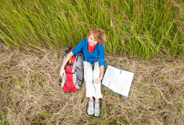 Young tourist woman resting in field. Stock photo © kyolshin