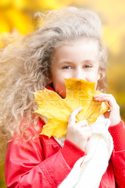Belo little girl maple leaf feliz amarelo Foto stock © kyolshin