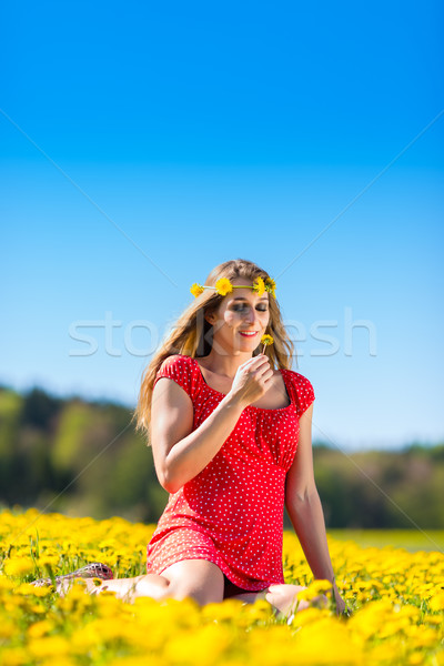 Mädchen Frühlingsblume Wiese Löwenzahn junge Mädchen Sitzung Stock foto © Kzenon