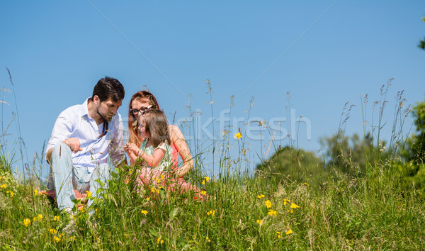 Család ölelkezés ül legelő nyár nap Stock fotó © Kzenon