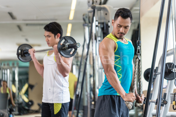 Young man exercising triceps pushdown next to his friend Stock photo © Kzenon