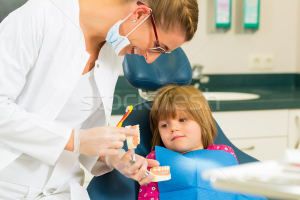 Dentist with toothbrush, denture, and little patient Stock photo © Kzenon