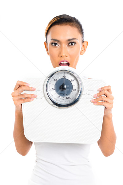 Asian woman with weight scale loosing weight Stock photo © Kzenon