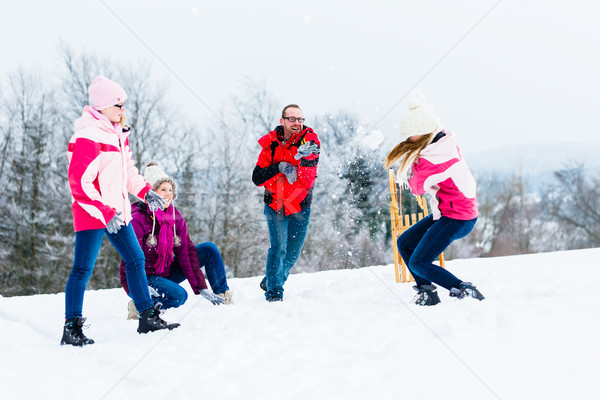 Foto d'archivio: Famiglia · ragazzi · palla · di · neve · lotta · inverno · bambini