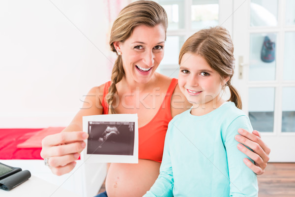 Expectant mother with sub-teenage daughter in her arm proudly pr Stock photo © Kzenon