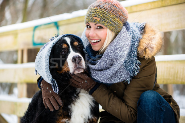 Foto stock: Mujer · jugando · perro · nieve · invierno · día