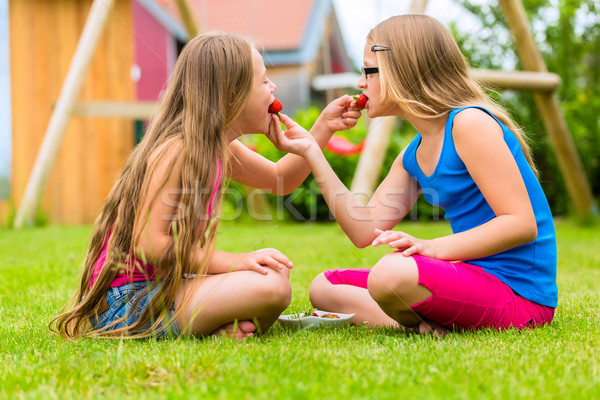 Stock photo: sisters playing in garden eating strawberries