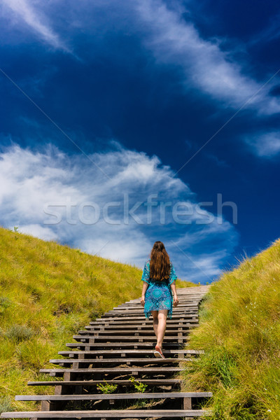 Genç kadın tırmanma merdiven açık havada pastoral seyahat Stok fotoğraf © Kzenon