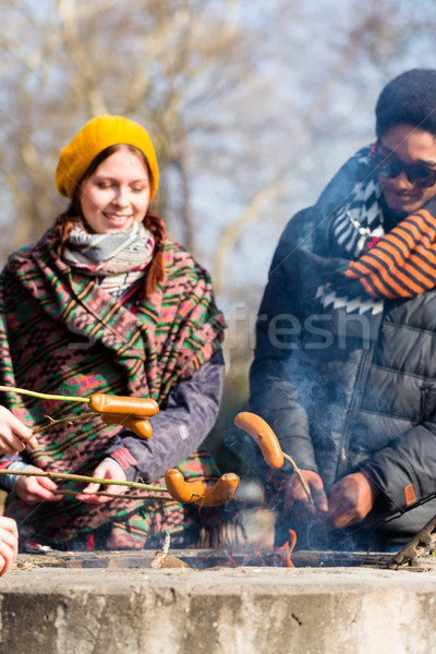 Group of young people roasting sausages outdoors Stock photo © Kzenon