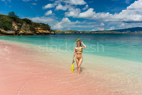 Beautiful young woman holding snorkeling equipment at Pink Beach Stock photo © Kzenon