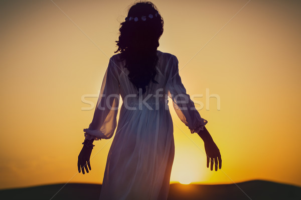Vrouw woestijn tour naar zonsondergang zon Stockfoto © Kzenon