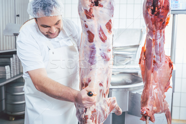 Butcher cutting to pieces meat from carcass Stock photo © Kzenon
