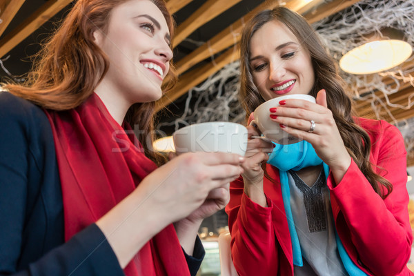 Two young and beautiful women drinking together hot chocolate Stock photo © Kzenon