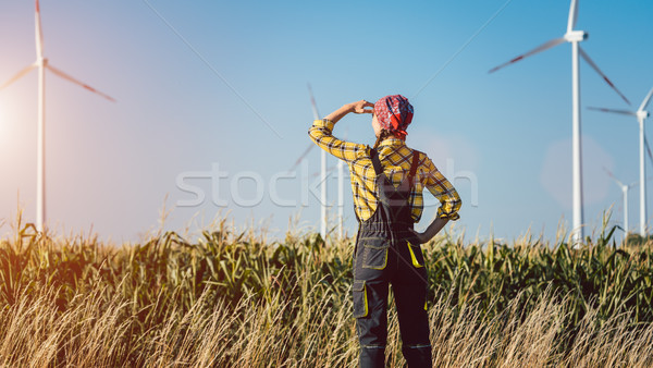 Farmer woman has invested not only in land but also wind energy Stock photo © Kzenon