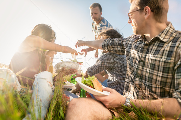 Friends having summer BBQ picnic and eating together Stock photo © Kzenon