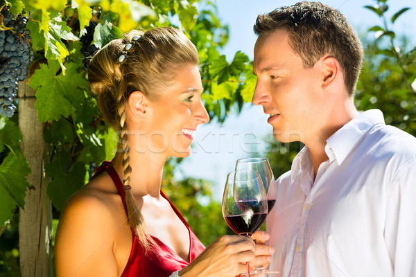 Woman and man in vineyard drinking wine Stock photo © Kzenon