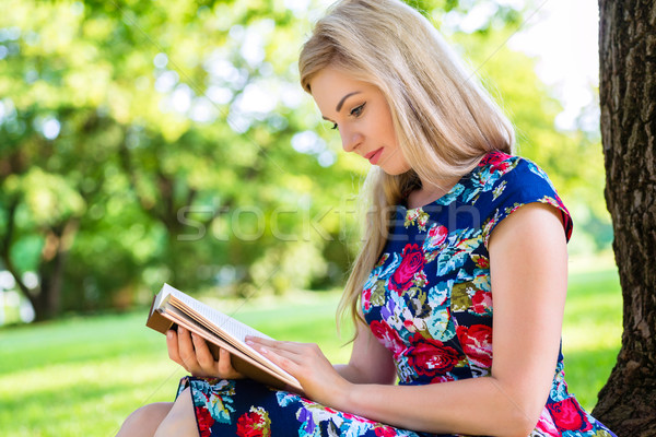 Kadın okuma kitap çayır yaz park Stok fotoğraf © Kzenon