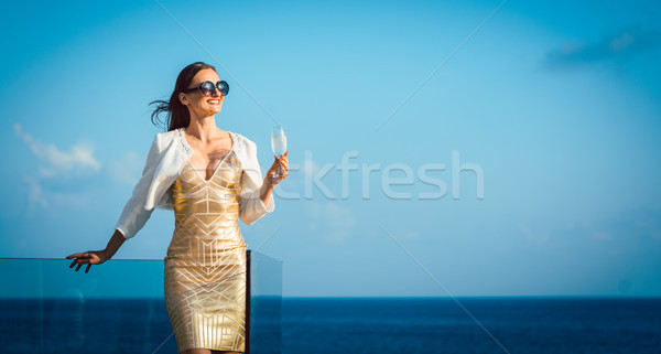 Woman drinking sparkling wine looking over ocean Stock photo © Kzenon