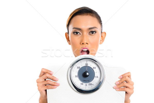 Asian woman with weight scale loosing weight Stock photo © Kzenon