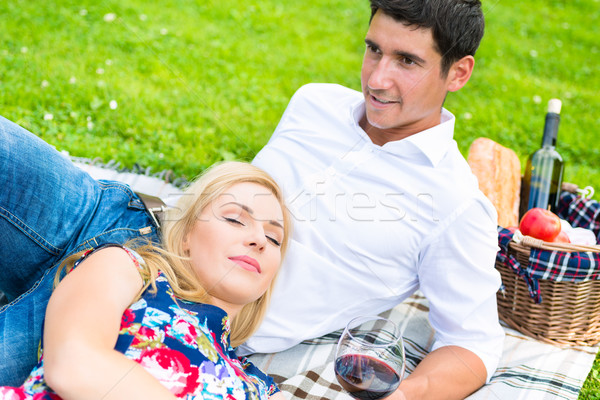 Couple having picnic wit red wine on meadow Stock photo © Kzenon