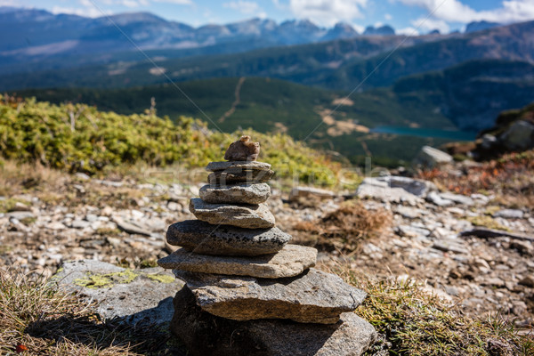 Stone pyramid marking hiking path in the mountains Stock photo © Kzenon