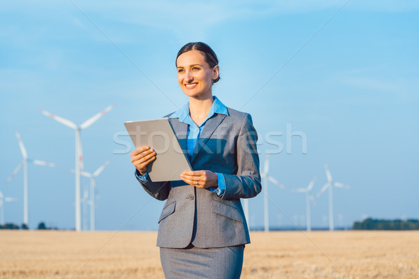 Investor in wind turbines with computer evaluating her investment Stock photo © Kzenon