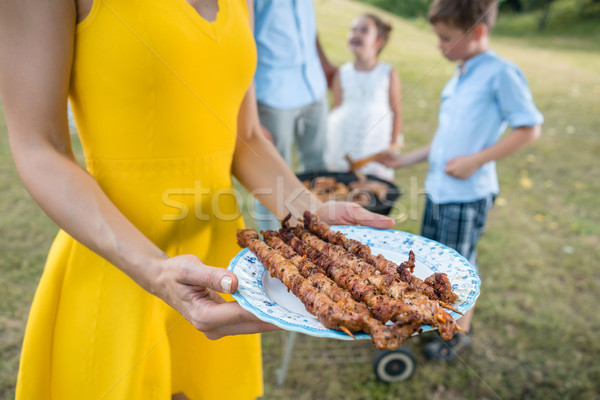 Handen vrouw plaat gegrild Stockfoto © Kzenon