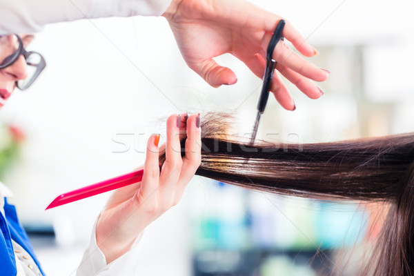 Hairdresser cutting woman hair in shop Stock photo © Kzenon