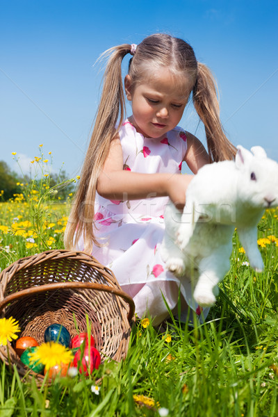 Stock photo: Girl hugging an easter bunny with eggs on a meadow in spring