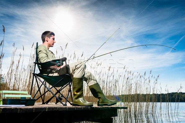 Man fishing at lake sitting on jetty Stock photo © Kzenon