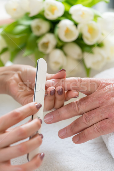 Close-up of the hands of a qualified manicurist filing the nails Stock photo © Kzenon