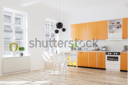 3d rendering of kitchen interior in modern home with dinner tabl Stock photo © Kzenon