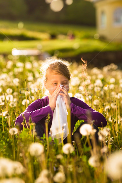 Girl sitting in meadow with dandelions and has hay fever or allergy Stock photo © Kzenon