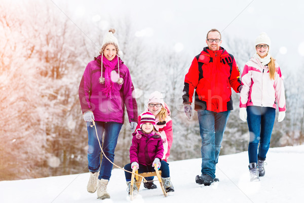 Family having winter walk in snow with sled Stock photo © Kzenon