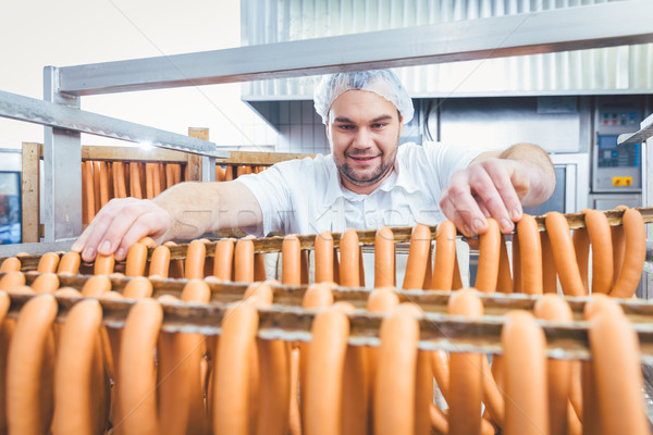 Stockfoto: Slager · man · worstjes · klaar · gerookt