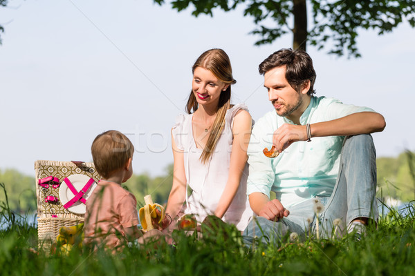 Family having picnic at lake sitting on meadow Stock photo © Kzenon