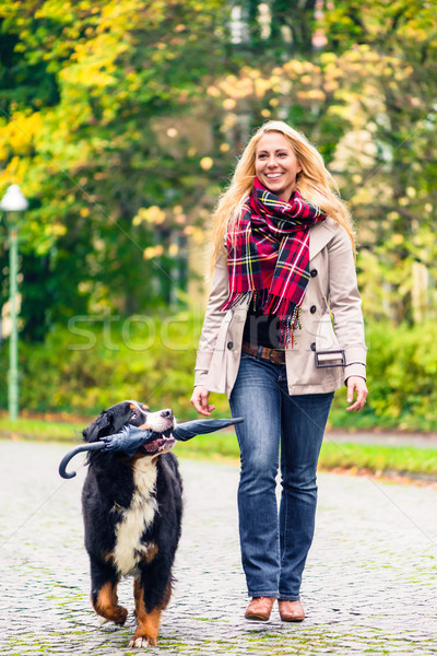 Dog carrying umbrella of his mom in autumn walk Stock photo © Kzenon