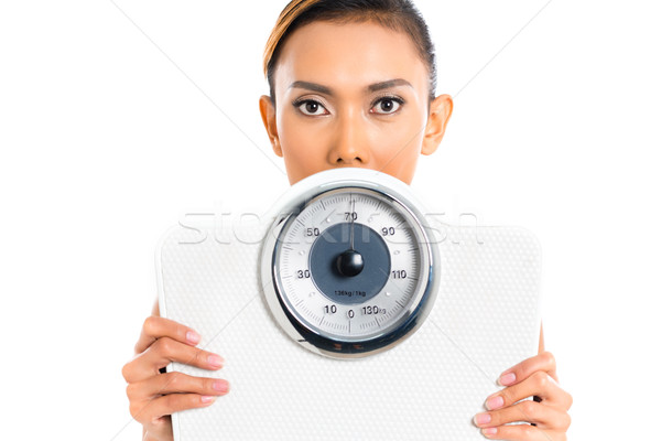 Asian woman with weight scale loosing weight Stock photo © Kzenon