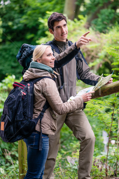 Stock photo: Young hikers orientating with trail map