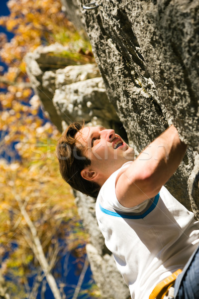 Foto stock: Escalada · homem · escalada · rocha · curto · outono