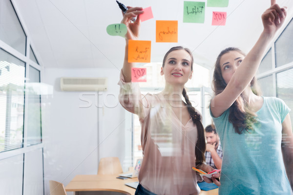 Two proficient female co-workers posting sticky notes in the int Stock photo © Kzenon