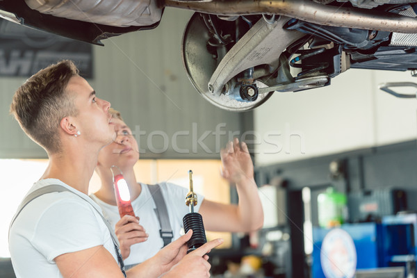 Skilled auto mechanic replacing the shock absorbers of a car in workshop Stock photo © Kzenon