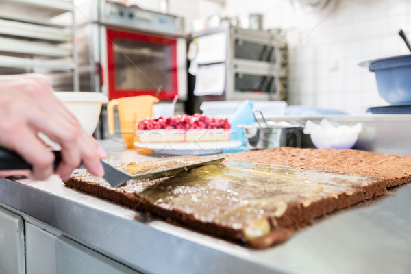 Confectioner woman getting chocolate cake ready with topping Stock photo © Kzenon