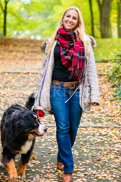 Femeie mers câine zgarda parc cale Imagine de stoc © Kzenon