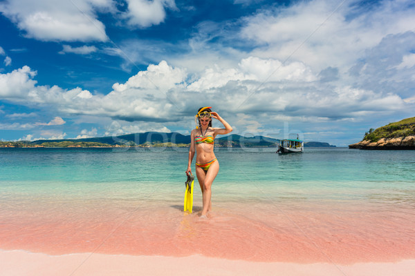Piękna młoda kobieta snorkeling wyposażenie różowy Zdjęcia stock © Kzenon