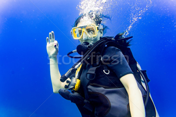 Woman scuba diving in her vacation giving the ok sign Stock photo © Kzenon